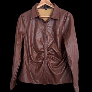 Chocolate Brown Chic Faux Leather Button Down With Ruched Detail Women’s Size L